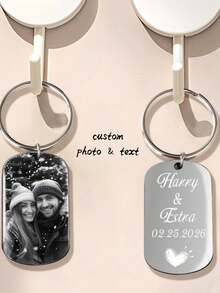 Custom Photo Keychain: Stainless Steel Personalized Text, Anniversary Gift - Silver - View 8