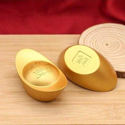 Transboundary Golden Bronze Feng Shui Faux Solid Gold Ingot Ornament, Decorative Accessory For Living Room, Office Desk, Wealth Attraction, Creative Display