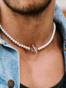 不锈钢OT扣仿珍珠项链，哥特风男士颈链，嘻哈珍珠项链 - 銀色 - 查看 1