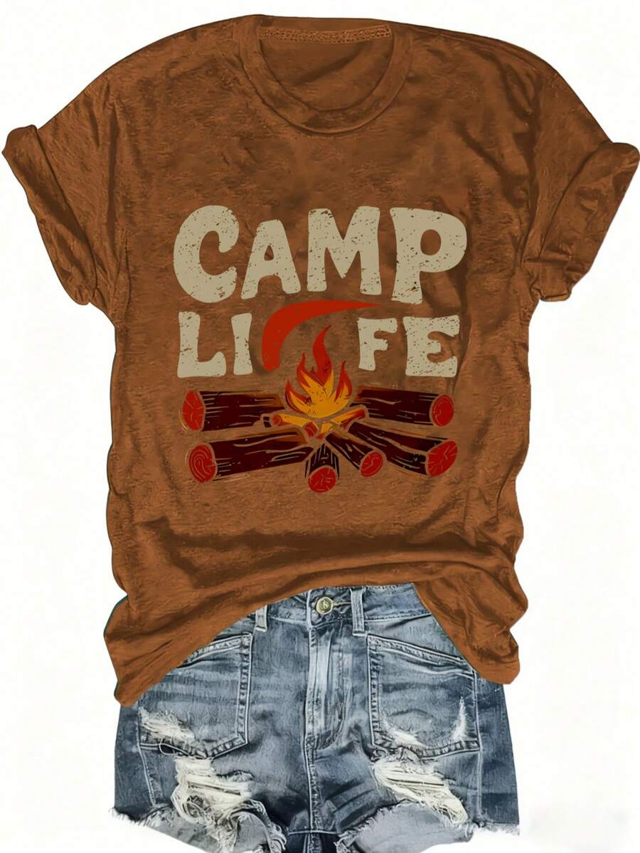 Women's Camp Themed T-Shirt - CAMP LIFE Lettering & Campfire Print With Logs & Marshmallow Design - Casual Round Neck Short Sleeve Outdoor Tee - 棕色 - 查看 1