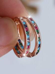 Vanel 2只简约彩色锆石耳环，时尚耳环 - 玫瑰金-多色 - 查看 1