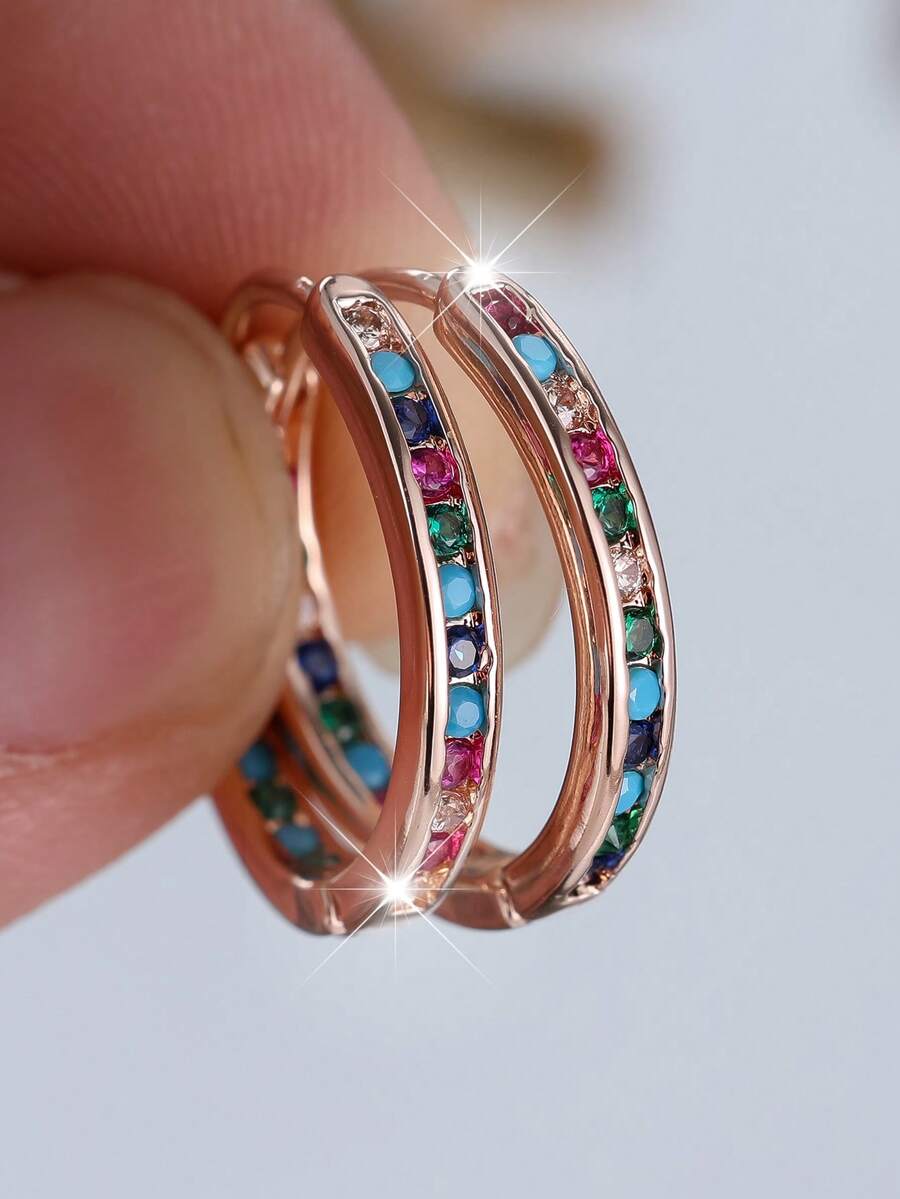 Vanel 2 đôi bông tai khoen tròn tối giản đính đá Zirconia nhiều màu sắc, bông tai thời trang - Vàng hồng-nhiều màu - Xem 1