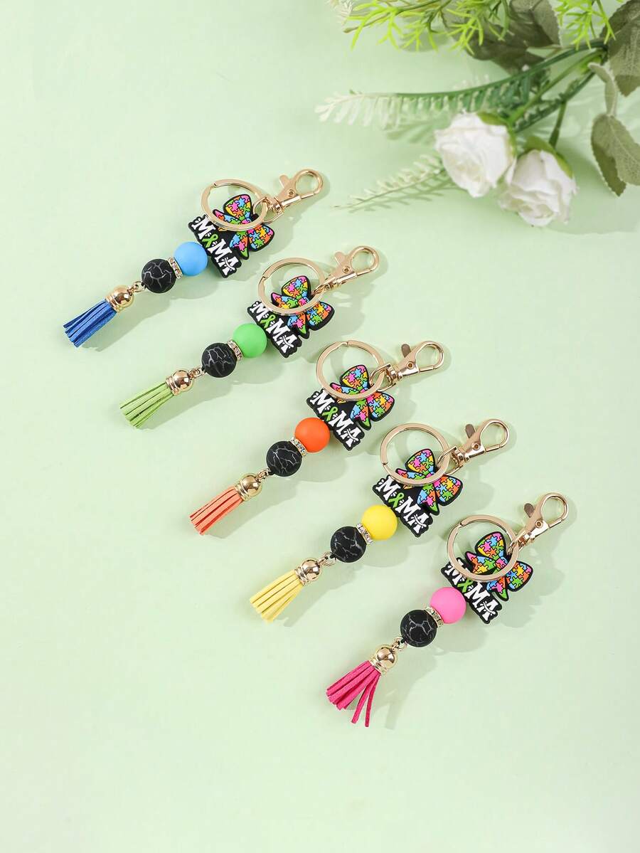 1个硅胶珠流苏吊坠钥匙扣，创意拼图蝴蝶结MAMA字母钥匙链，腕带，包包挂饰，车饰，适合女性日常出行 - 彩色 - 查看 1