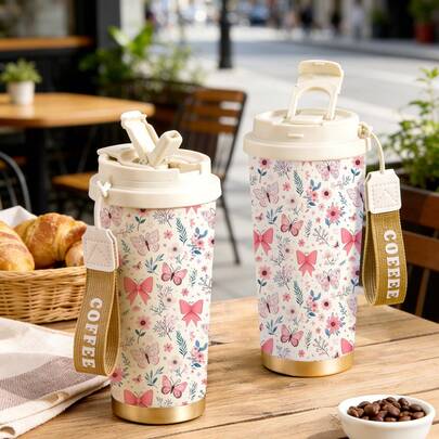 mikenda 1pc 18oz Stainless Steel Vacuum Insulated Travel Mug With Bow Floral Print, Lid And Strap, Keeps Hot For 12 Hours, Cold For 24 Hours, Reusable Cute Aesthetic Water Bottle For Car, Office, School, Gift For Her