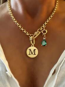 1pc Gold Letter Necklace With Green Diamond Pendant, Stainless Steel Chain, Fashion Multi-Pendant Necklace, Unique Luxury Women Necklace - Yellow Gold - View 6