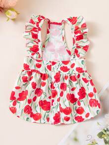 宠物狗郁金香印花纽扣套头衫，休闲日常穿着，春夏新品 - 紅色 - 查看 4