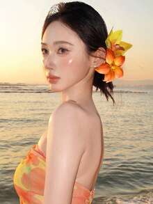 玉兰花、鸡蛋花、橙色海滨度假女士发夹发饰，采用优质材料，饰以黄色和红色花朵，侧夹可固定散落的头发，流苏发夹，甜美、时尚、优雅、波西米亚风格，适合日常佩戴、节日聚会、派对、海滩、旅行度假，是送给女孩的节日发饰礼物，也可用作发爪、发夹、发卡。 - 橘色 - 查看 3