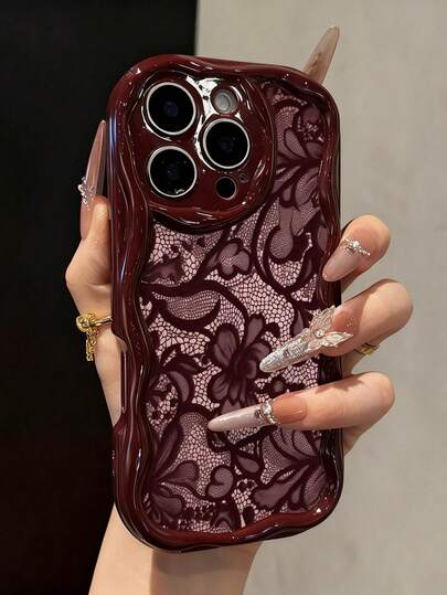 Lace Painted New Flat Printed Cream Texture Burgundy Soft Case Compatible With IP17/IP17PROMAX/Iphone16//Iphone16pro/Iphone16promax/Iphone15/ XR /7p8p/P12promax/P13promax/P14PROMAX /P13/P14/P11/P12/P14 Cute Fashion Thick Protective Phone Case For XS/S/XSMAX/78GES2