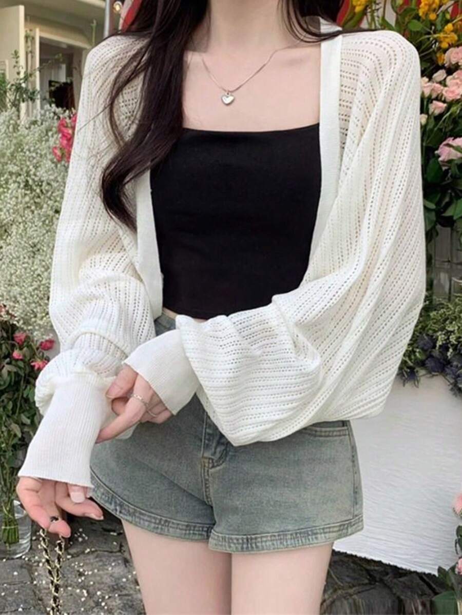 女士针织披肩罩衫，轻薄夏季防晒短款罩衫，白色春季款 - 白色 - 查看 1
