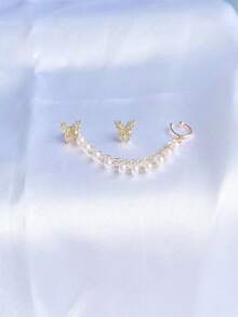 优雅不对称珍珠链蝴蝶耳环和耳夹，适合作为圣诞节和情人节礼物 - 彩色 - 查看 3