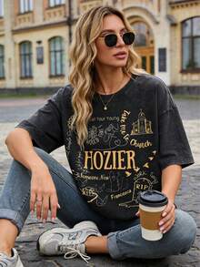 Men's T-Shirt, Retro, "Billie Eilis H" Themed, Print, Pattern, Loose Fit, Short Sleeved - Black 04 - View 3