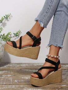 女士厚底坡跟凉鞋，休闲厚底凉鞋，时尚坡跟凉鞋，露趾踝带凉鞋，优雅夏季草编鞋 - 黑色 - 查看 5