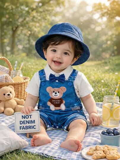 H HIBOBI 2pcs/Set Gentleman Style Collegiate Romper Set With Fisherman Hat. Includes White Short Sleeve Polo Shirt, Blue Bow Tie, Denim-Look Suspender Design, And Cute Cartoon Bear Print. Lightweight And Breathable, Suitable For Daily Wear, Outings, And Photoshoots. Fits 0-18 Months Babies.