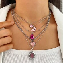 Set de 5 collares de mujer con colgante minimalista en forma de mariposa y gota de agua de estilo bohemio y colorido - Morado - Ver 1