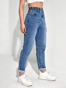 High Waisted Elastic Waist Mom Jeans - Stretchy Denim With Rolled Cuffs - Blue - View 3