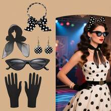 Set de 5 piezas de accesorios retro de mujer de los años 40 y 50, que incluye pañuelo, gafas de ojo de gato, diadema con lunares y guantes, adecuado para fiestas con tema de los 50, disfraces de Halloween, bailes de máscaras, uso diario y fiestas temáticas - Multicolor - Ver 13