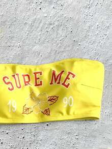 Bộ bikini mùa hè gợi cảm với họa tiết chữ màu vàng tươi, áo hai dây và quần đùi cạp cao, thiết kế nâng ngực, trang phục đi biển retro không thể thiếu cho kỳ nghỉ. - Màu vàng - Xem 8