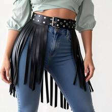 Cinturón de mujer de PU con flecos - Cinturón con tachuelas y flecos, perfectamente diseñado para un look inspirado en el oeste - Negro - Ver 1