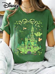 Disney Official Authorization | Women's St. Patrick's Day-Themed Short-Sleeve T-Shirt, Featuring A Dreamy Print Of  And A Green Castle, And Incorporating Lucky Elements Such As Clovers, Pots Of Gold, And  Balloons To Create A Full Festive Atmosphere. Made Of Opaque Fabric, It Is Machine Washable, Suitable For Park Visits And Daily Casual Wear, Making It An Eye-Catching Piece For Holiday Outfits. - Green - View 1