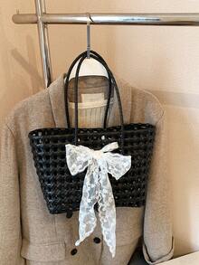 休闲时尚蕾丝蝴蝶结手提包，大容量单肩手提包，田园风编织敞口包 - 黑色 - 查看 7