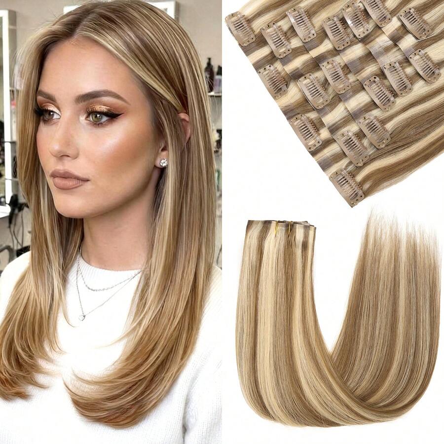 115g Bộ 7 lọn tóc nối kẹp liền mạch bằng tóc thật, dệt sát da, highlight vàng, giúp tăng độ dày cho tóc.