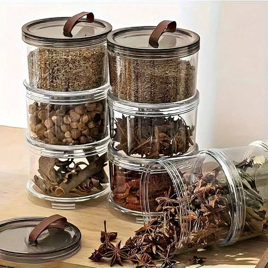 1pc 1/2/3 Tier Round Airtight Storage Container, Transparent Moisture-Proof Food Storage Jar, Sealed Canister For Grains, Spices, Snacks, Nuts, Candies, Dried Goods And Seasonings, Space-Saving Kitchen Storage Box For Fridge, Cabinet, Countertop, Pantry, Cupboard, Essential Kitchenware