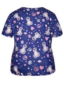 Plus Size Women's Cartoon Sloth V-Neck Short Sleeve Nurse Uniform Top With Pockets, Spring/Summer - Blue - View 2