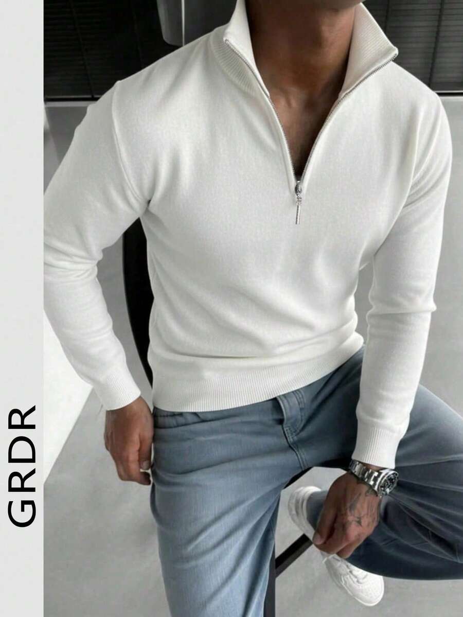 Suéter de punto con media cremallera de manga larga casual para hombre GRDR, versátil para uso diario - Blanco - Ver 1