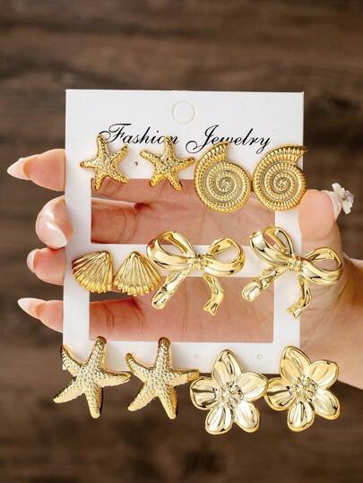 2/12pcs Men's Earring Set, Includes Starfish, Seashell, Bowknot, Flower Designs, Low-Allergy Thick Gold Tone Earrings, Fashionable & Elegant For Daily, Party, Gift For Friends & Mothers
