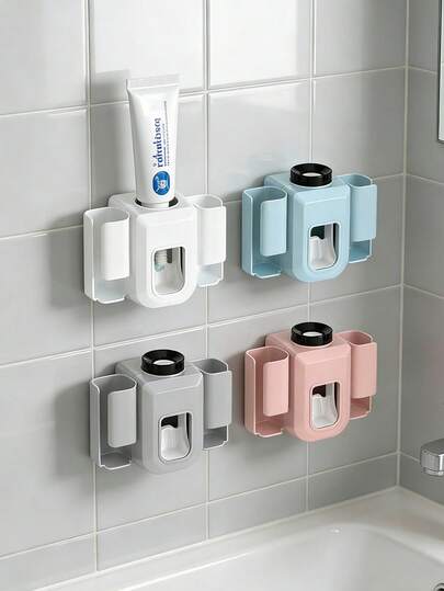 1pc Toothpaste Squeezer Tool - Holds 2 Toothbrushes & 1 Toothpaste, Automatic Toothpaste Dispenser, Toothbrush Holder, DIY Self-Adhesive, Glue Included