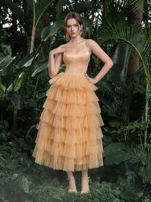 Faeriesty 优雅的无肩带薄纱连衣裙，适合浪漫花园写真、户外人像拍摄和新娘写真。 - 珊瑚粉 - 查看 5