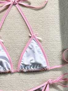 Sexy & Sweet Mixed Bikini Set - Deer Print High-Waist Briefs + Pink Sheer Tie-Up Coverup | Must-Have Wild Girl Contrast Design For Summer Beach & Pool Party - Multicolor - View 7