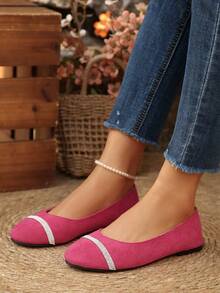 Women's Fashion Rhinestone Breathable Comfortable Slip-On Flat Loafers, Versatile For Office And Daily Wear, Spring/Autumn - Hot Pink - View 3