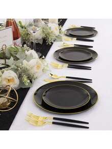 50/25/12件套黑色金色可重复使用餐具套装，锤纹边盘，金边，适用于派对、婚礼、生日和餐饮活动（圣诞节/情人节/母亲节），婚礼用品，活动餐具，时尚餐盘，优雅餐具，轻便耐用，是聚会和餐饮的理想之选。 - 黑色 - 查看 5