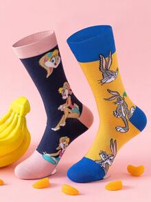 Noctvar OBM Sleepwear X LOONEY TUNES 2双装兔子和鹦鹉图案女士船袜，可爱卡通独特设计，兔子傲娇时尚夏季袜，透气休闲袜，适合学生/成人作为礼物或日常穿着，情侣款 - 彩色 - 查看 9