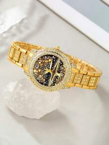 2件套华丽全镶钻女士金表套装，一套女士石英表，包括一款全镶钻金链树形表盘石英表和一条心形镶钻银手链。 - 金色 - 查看 6