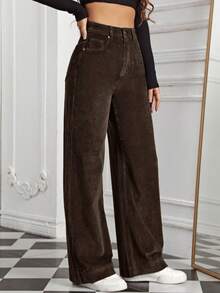 High Waisted Brown Corduroy Wide Leg Pants - Soft Corduroy With Wide Leg Silhouette - 咖啡棕 - 查看 5