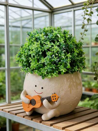 Cute Resin Guitar Shaped Planter With Smiling Face, Adorable Succulent Planter Suitable For Indoor/Outdoor, Greenhouse, Desktop Decor, Small Plant Stand, Charming Home Garden Decoration