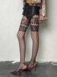 1双女士拼接细网眼连裤袜，春夏蕾丝镂空网眼黑色长筒袜，菱形条纹JK透气网眼，修身性感紧身袜 - 彩色 - 查看 8