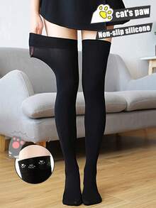 1双黑色硅胶防滑加长过膝袜，女士显瘦JK袜，70厘米长，天鹅绒大腿袜，黑白猫爪防滑小腿袜，百搭修身透气纯美学院风 - 彩色 - 查看 5