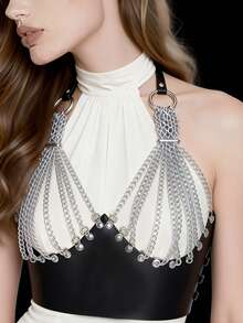 女士性感银链身体饰品，皮质胸罩式背心，适合夜店派对的锐舞节装扮 - 彩色 - 查看 8