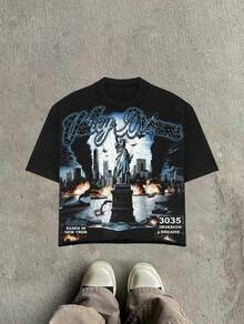 Valley The World Is Your Men's Retro 220g Cotton T-Shirt, Printing Grunge Style, Street Clothes,Christianity Clothing, Large T-Shirt,  Jesus Shirt,Graphic Y2K Shirt, T-Shirt, Christian Clothes ,Gothic Pun - 黑色 - 查看 1