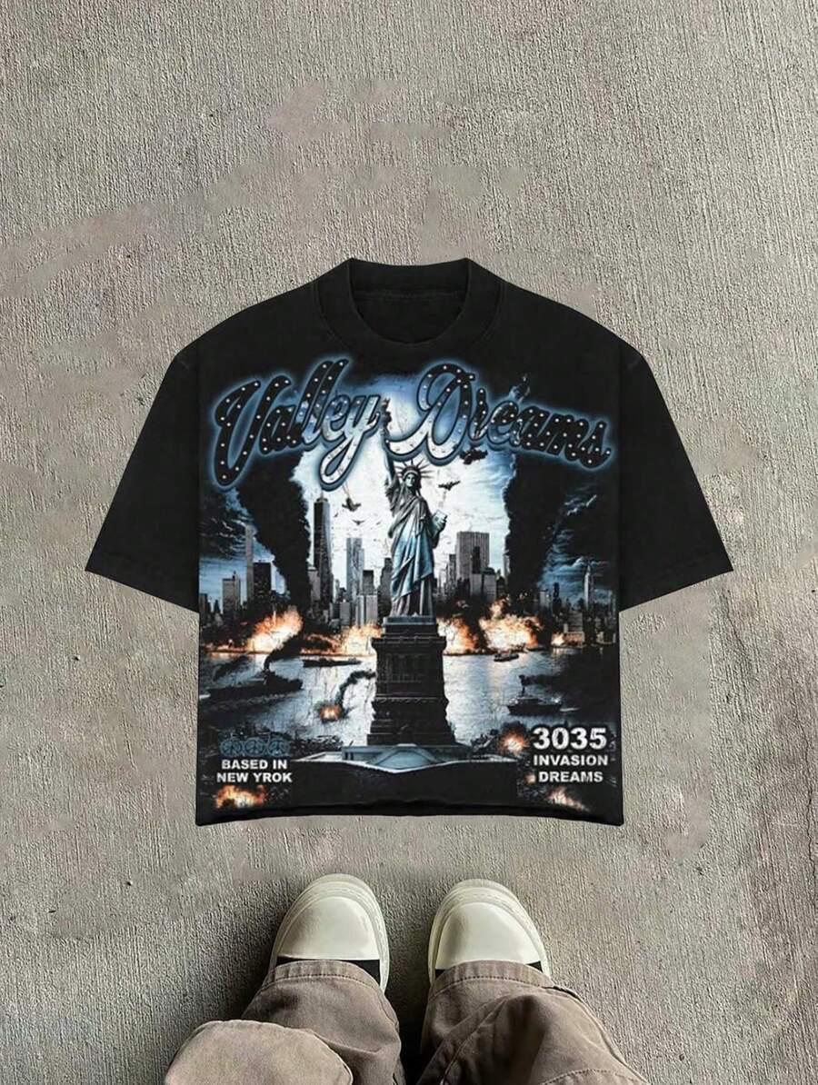 Valley The World Is Your Men's Retro 220g Cotton T-Shirt, Printing Grunge Style, Street Clothes,Christianity Clothing, Large T-Shirt,  Jesus Shirt,Graphic Y2K Shirt, T-Shirt, Christian Clothes ,Gothic Pun - 黑色 - 查看 1