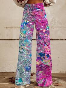 [Imitation Denim][Denim Print/Imitation Denim] Women'S Holographic Laser Print Wide-Leg Flared Jeans - Imitation Denim With Sparkling Multicolor Mirror Effect (Pink/Blue/Purple/Green/Golden) - All-Season Straight-Leg Trousers For Parties - Nhiều màu - Xem 1
