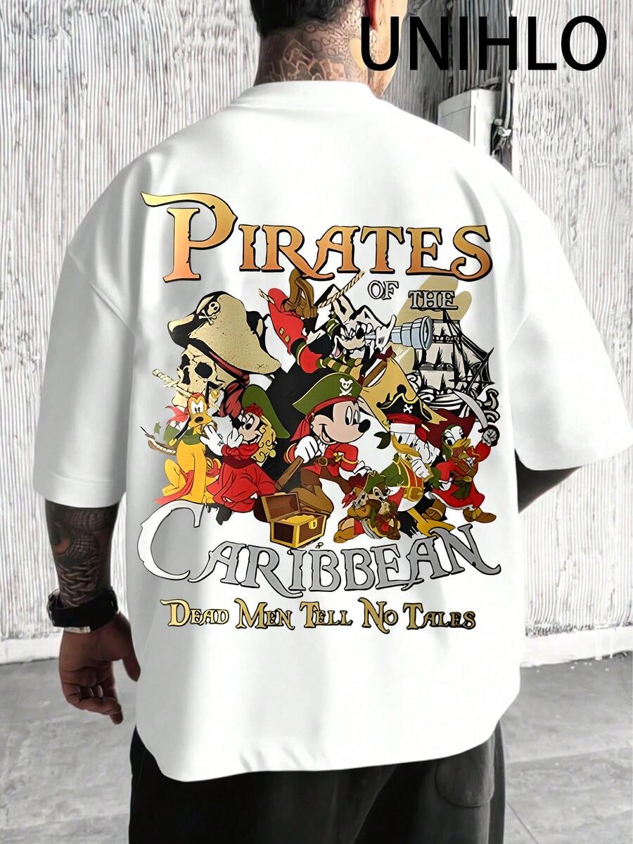Disney UNIHLO  PIRATES OF  ARIBBEAN DrAD Man TuLL No TaLEs Print  Summer Casual Versatile Pure Cotton T-Shirt Suitable For Any Place - White - View 1