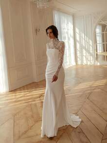 Elegant Strapless Satin Mermaid Wedding Dress With Ruched Detail & Lace Top, 2-Piece Set, Wedding Dresses For Bride, Elegant And Comfortable, Includes Plus Sizes, Bridal Gown, Formal Dresses For Women, Suitable For Wedding, Party, After-Party Dress, Cocktail Party, Bride, Party Dress, Formal Occasions, Dinner Dress, Prom Dress, Birthday Party, Celebration, Gala, Festival, Ceremony, Graduation, Homecoming Dress, Vacation, White - 白色 - 查看 5
