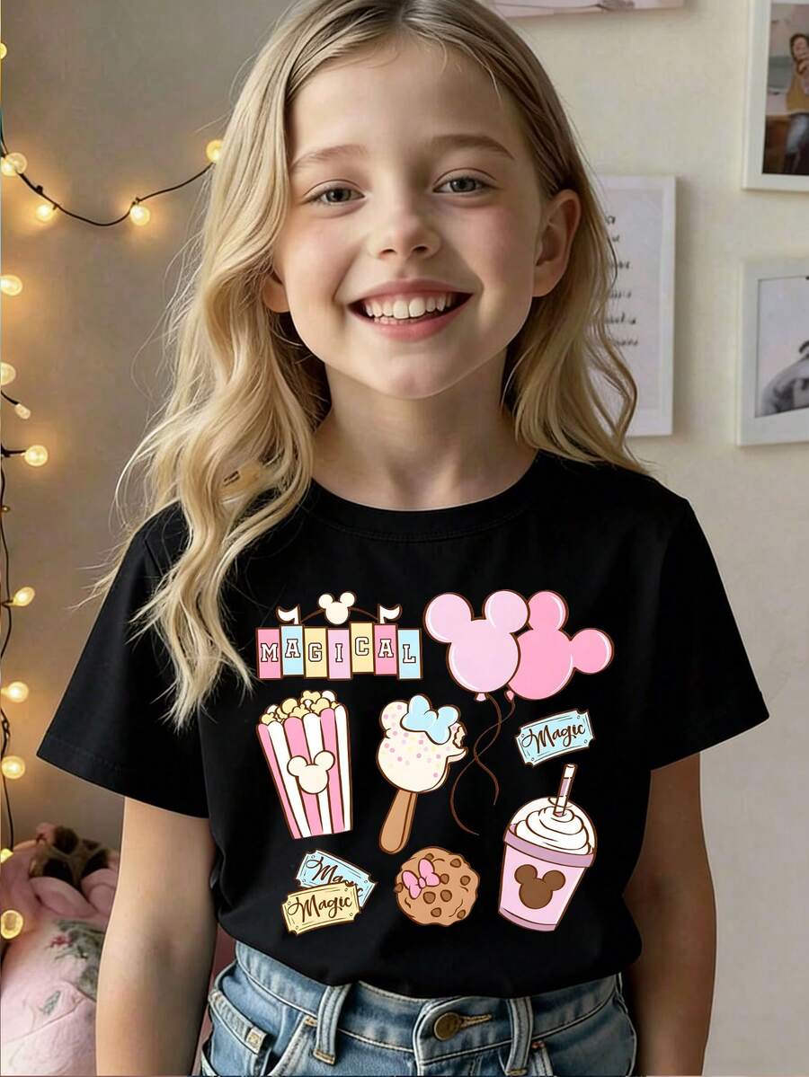This Disney "Magic Kingdom Snacks" Themed Summer T-Shirt Is Suitable For Boys And Girls To Wear To Holiday Parties, Family Gatherings, Outdoor Activities, And While Traveling. It Also Makes A Great Gift For Children Visiting Disneyland. - 黑色 - 查看 1