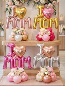 21pcs/Set "I Love Mom" Decorative Balloon Set (4 Sweet Styles), 16-Inch Letter Foil Balloons (Gold/Rose Gold/Silver/Pink) Suitable For Mother's Birthday, Wife's Birthday Decoration Props - View 1