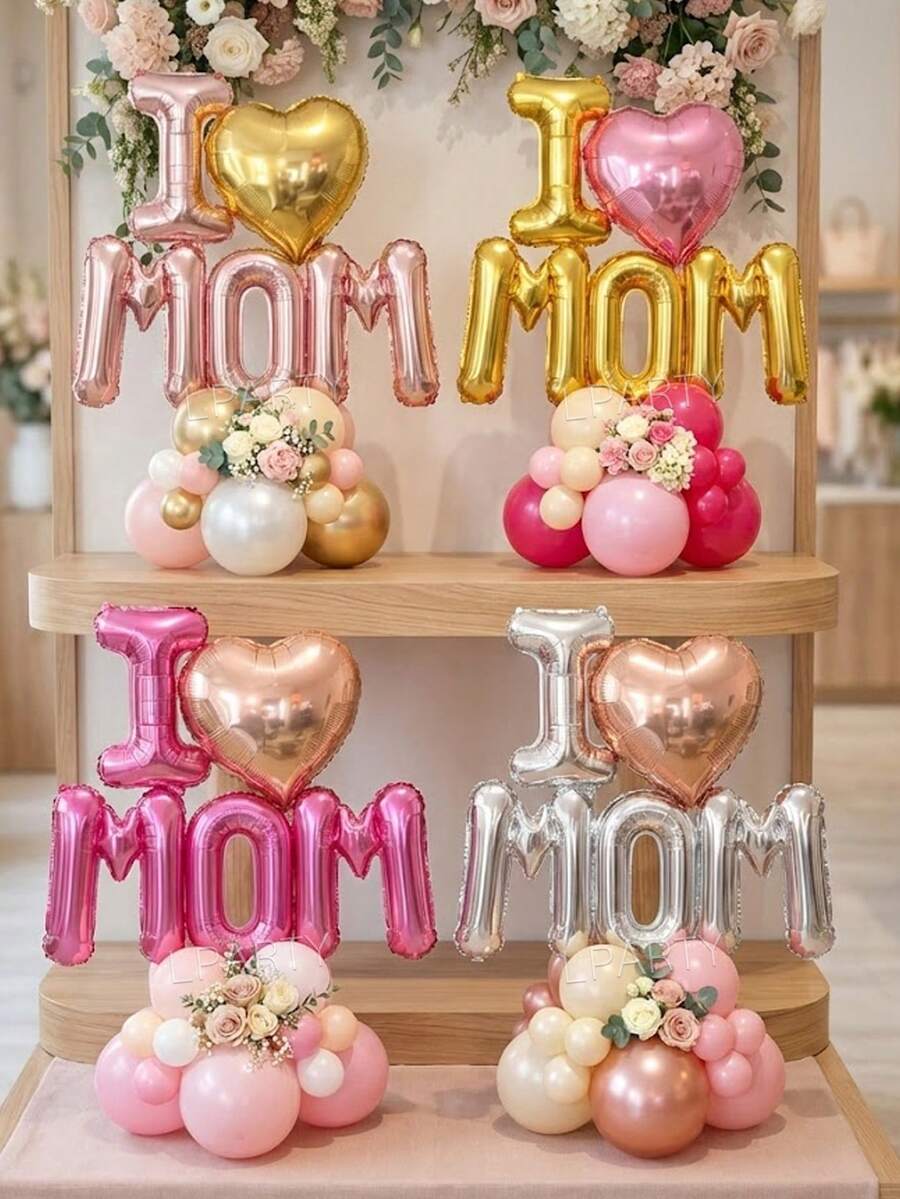 21pcs/Set "I Love Mom" Decorative Balloon Set (4 Sweet Styles), 16-Inch Letter Foil Balloons (Gold/Rose Gold/Silver/Pink) Suitable For Mother's Birthday, Wife's Birthday Decoration Props - View 1