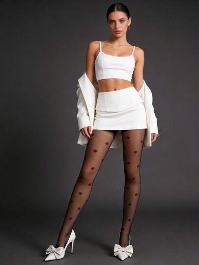 1条30D红色波点提花黑色透明连裤袜，时尚可爱打底裤，复古性感紧身裤，适合万圣节、圣诞节、春夏穿着